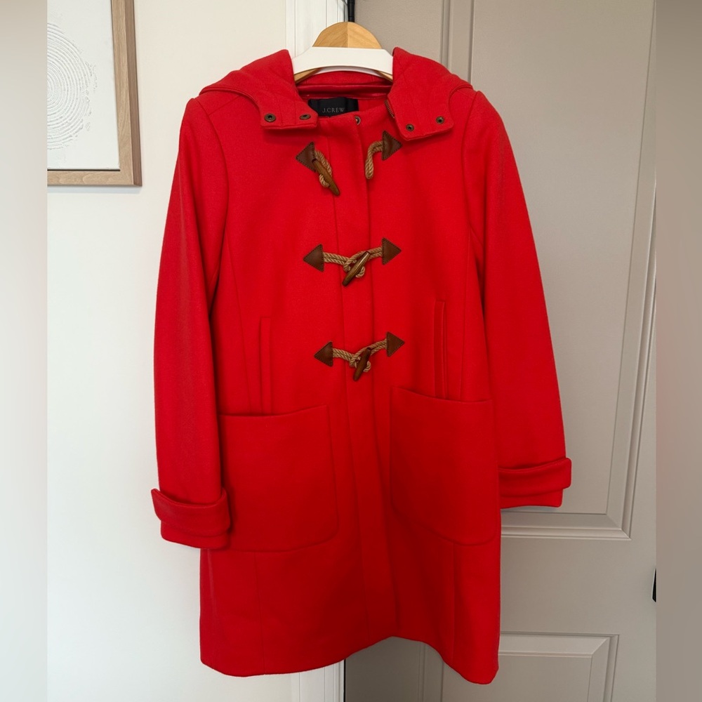 J. Crew Vibrant Red Melton Wool Hooded Toggle Duffle Coat Size 8